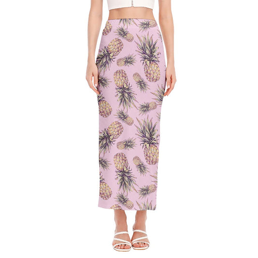 Pink Vintage Pineapple Pattern Print Side Slit Maxi Skirt