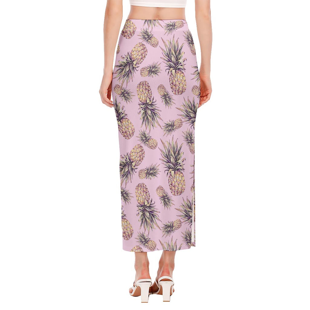 Pink Vintage Pineapple Pattern Print Side Slit Maxi Skirt