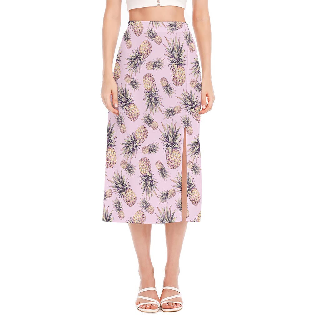 Pink Vintage Pineapple Pattern Print Side Slit Midi Skirt