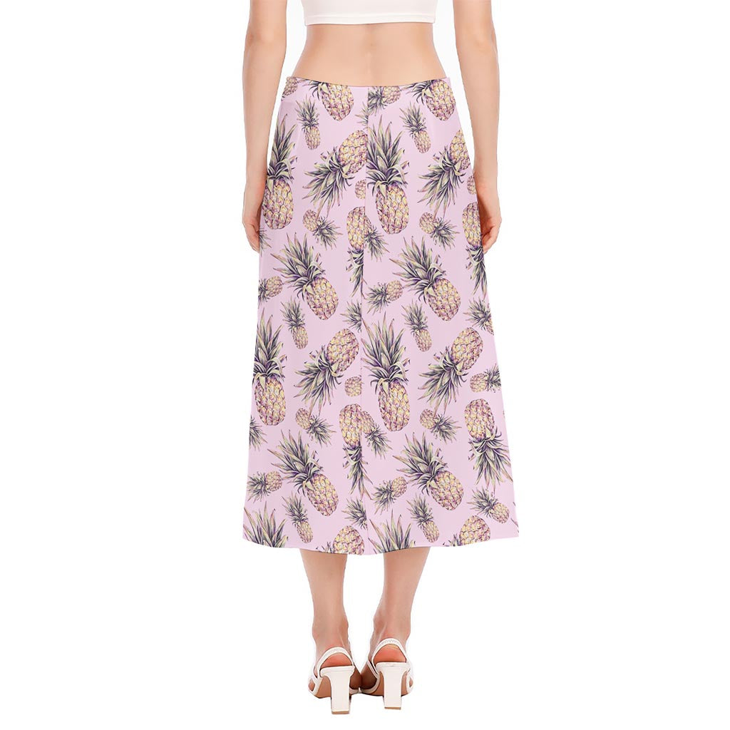 Pink Vintage Pineapple Pattern Print Side Slit Midi Skirt