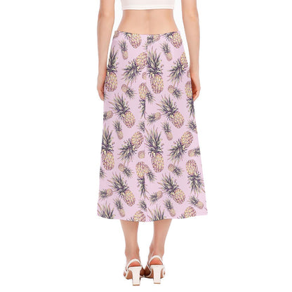 Pink Vintage Pineapple Pattern Print Side Slit Midi Skirt