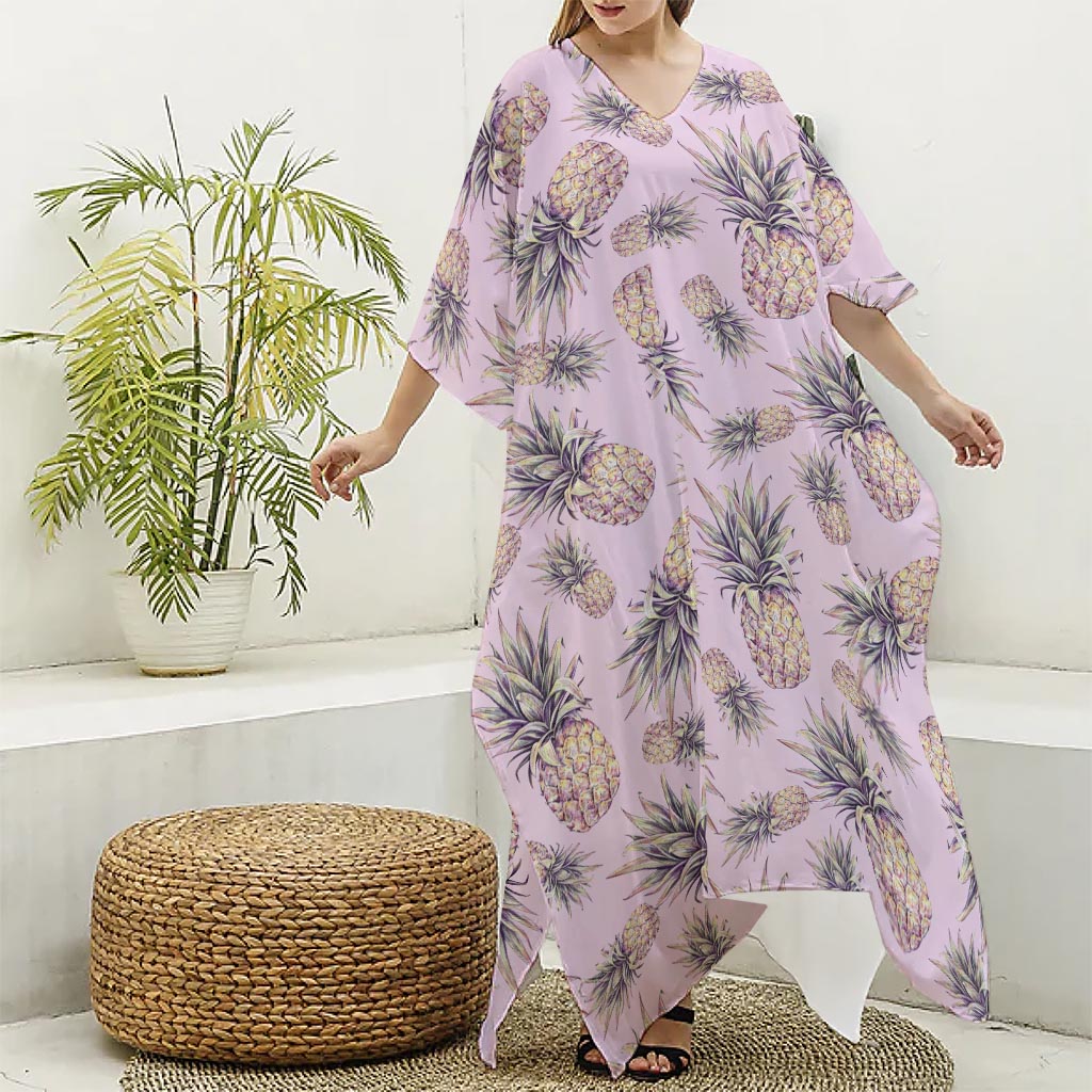 Pink Vintage Pineapple Pattern Print Silk V-Neck Kaftan Dress