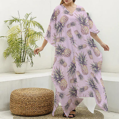 Pink Vintage Pineapple Pattern Print Silk V-Neck Kaftan Dress