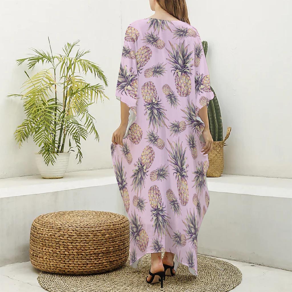Pink Vintage Pineapple Pattern Print Silk V-Neck Kaftan Dress
