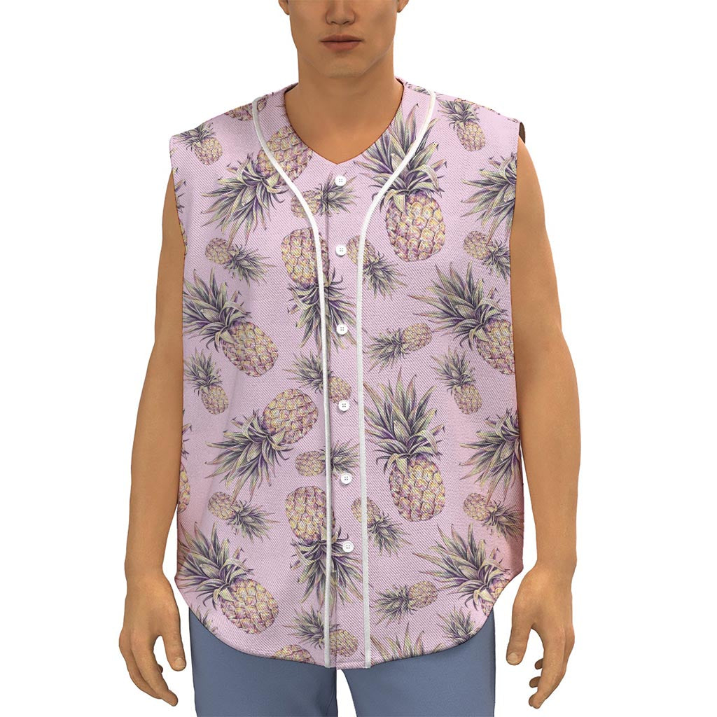 Pink Vintage Pineapple Pattern Print Sleeveless Baseball Jersey
