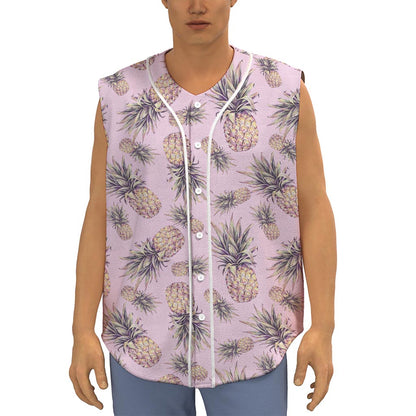 Pink Vintage Pineapple Pattern Print Sleeveless Baseball Jersey