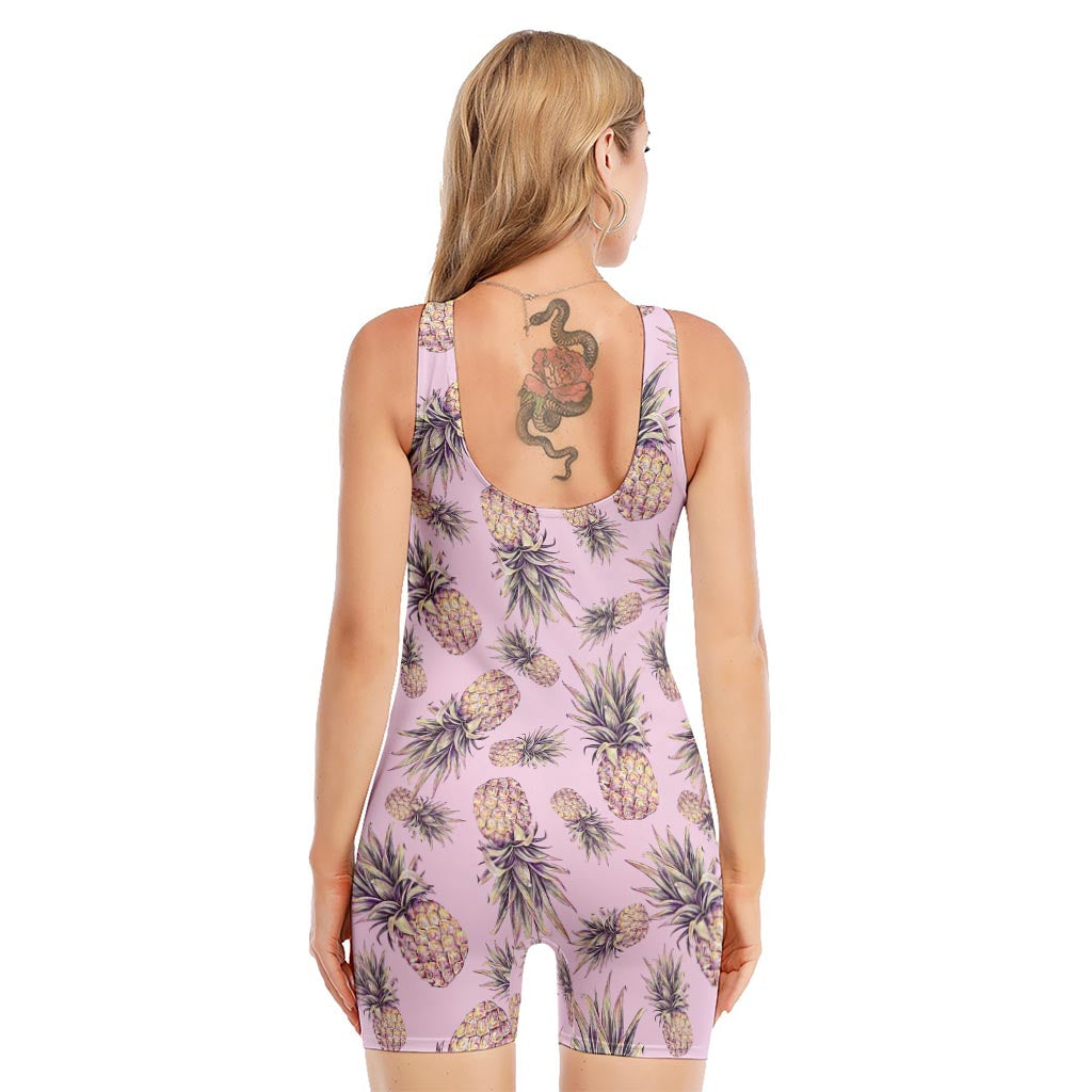 Pink Vintage Pineapple Pattern Print Sleeveless One Piece Swimsuit