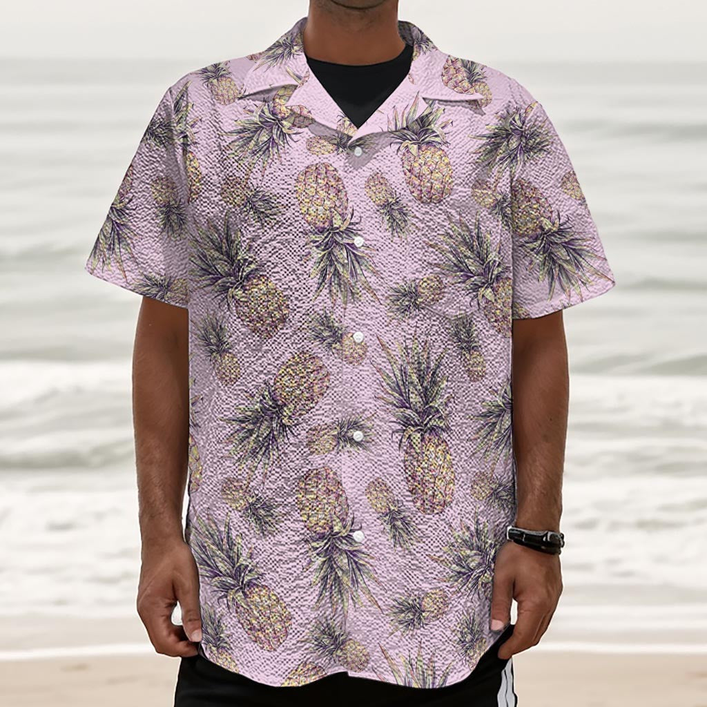 Pink Vintage Pineapple Pattern Print Textured Short Sleeve Shirt