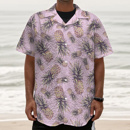 Pink Vintage Pineapple Pattern Print Textured Short Sleeve Shirt