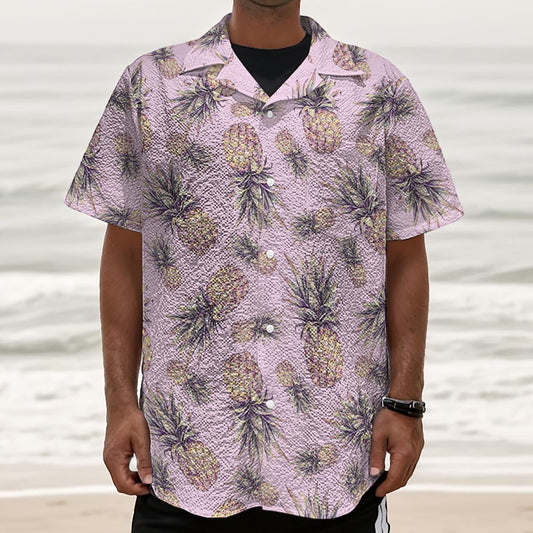 Pink Vintage Pineapple Pattern Print Textured Short Sleeve Shirt