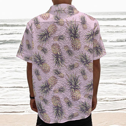Pink Vintage Pineapple Pattern Print Textured Short Sleeve Shirt