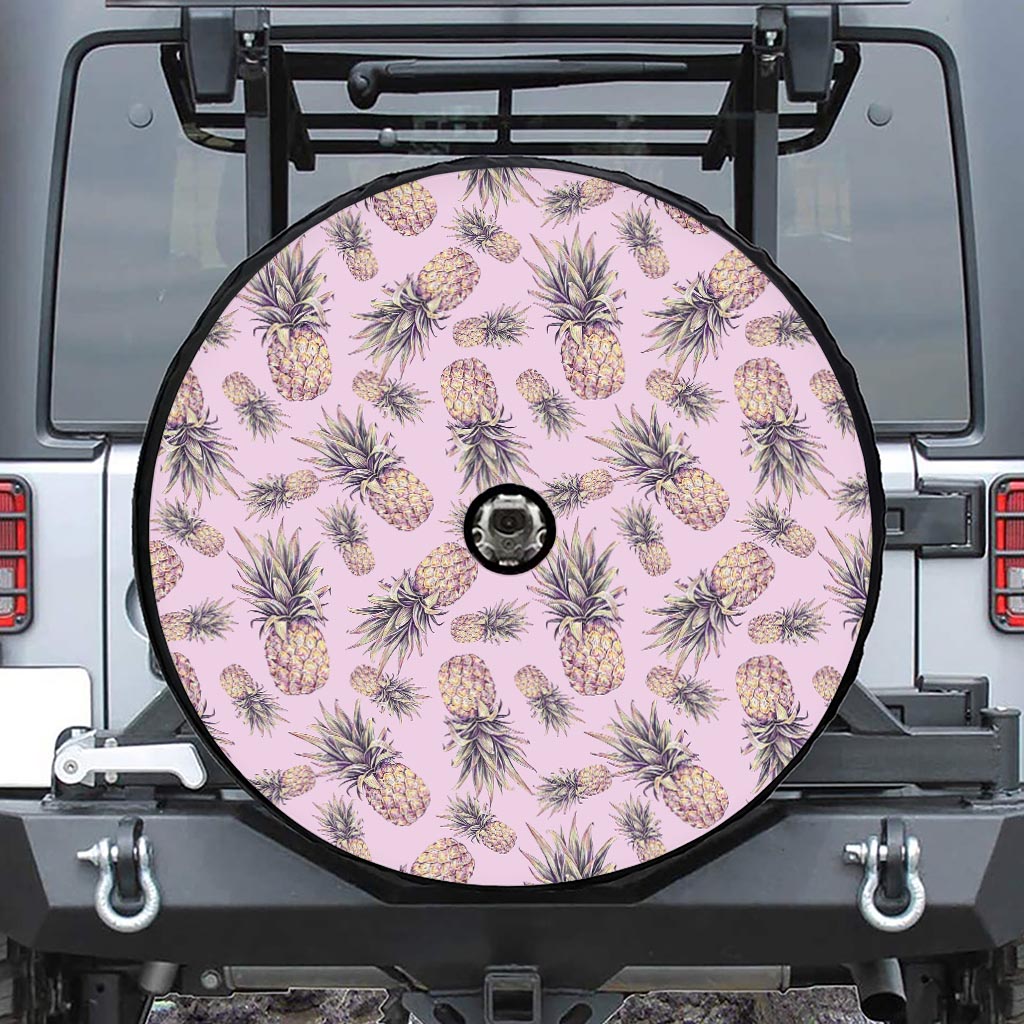 Pink Vintage Pineapple Pattern Print Tire Cover With Camera Hole