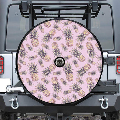 Pink Vintage Pineapple Pattern Print Tire Cover With Camera Hole