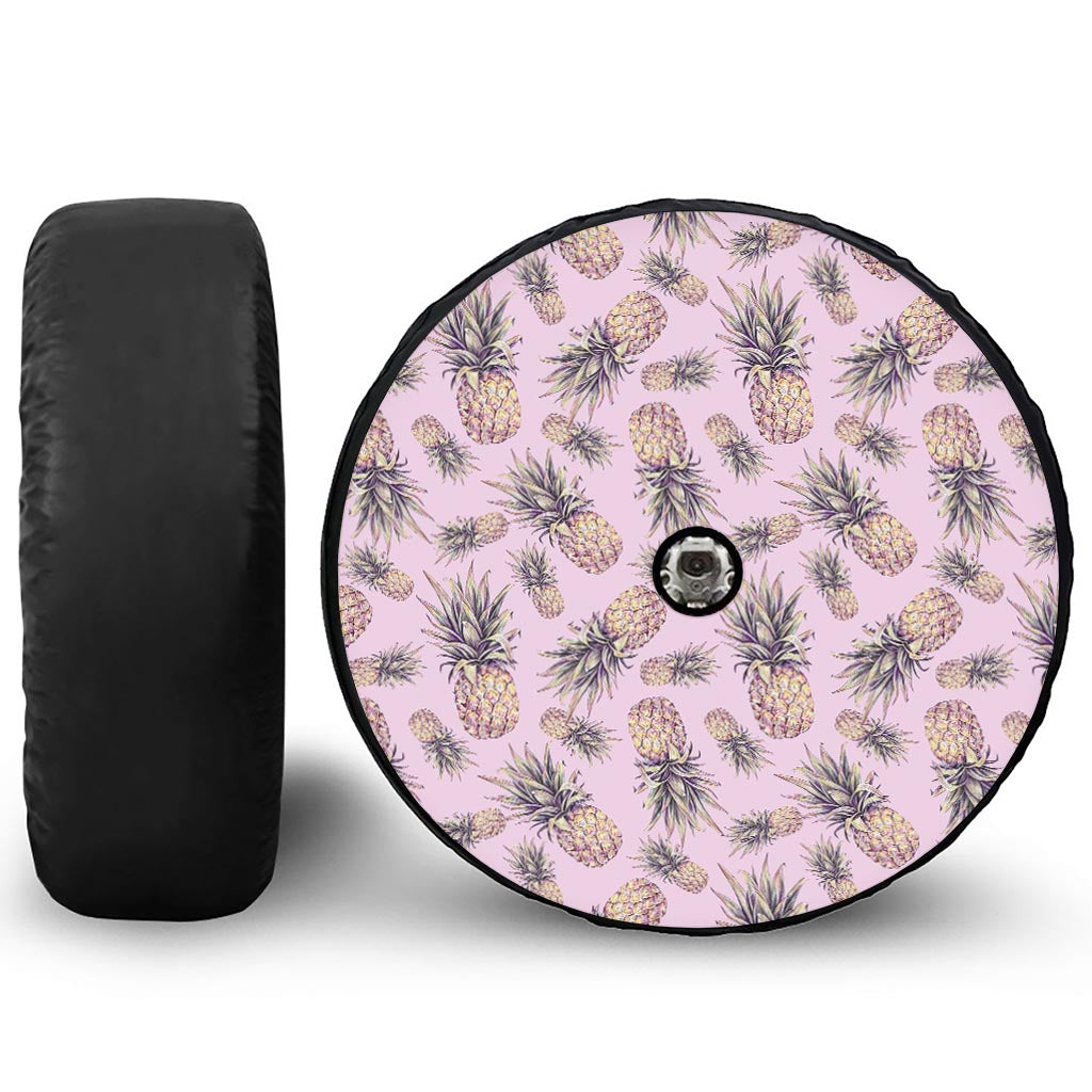Pink Vintage Pineapple Pattern Print Tire Cover With Camera Hole