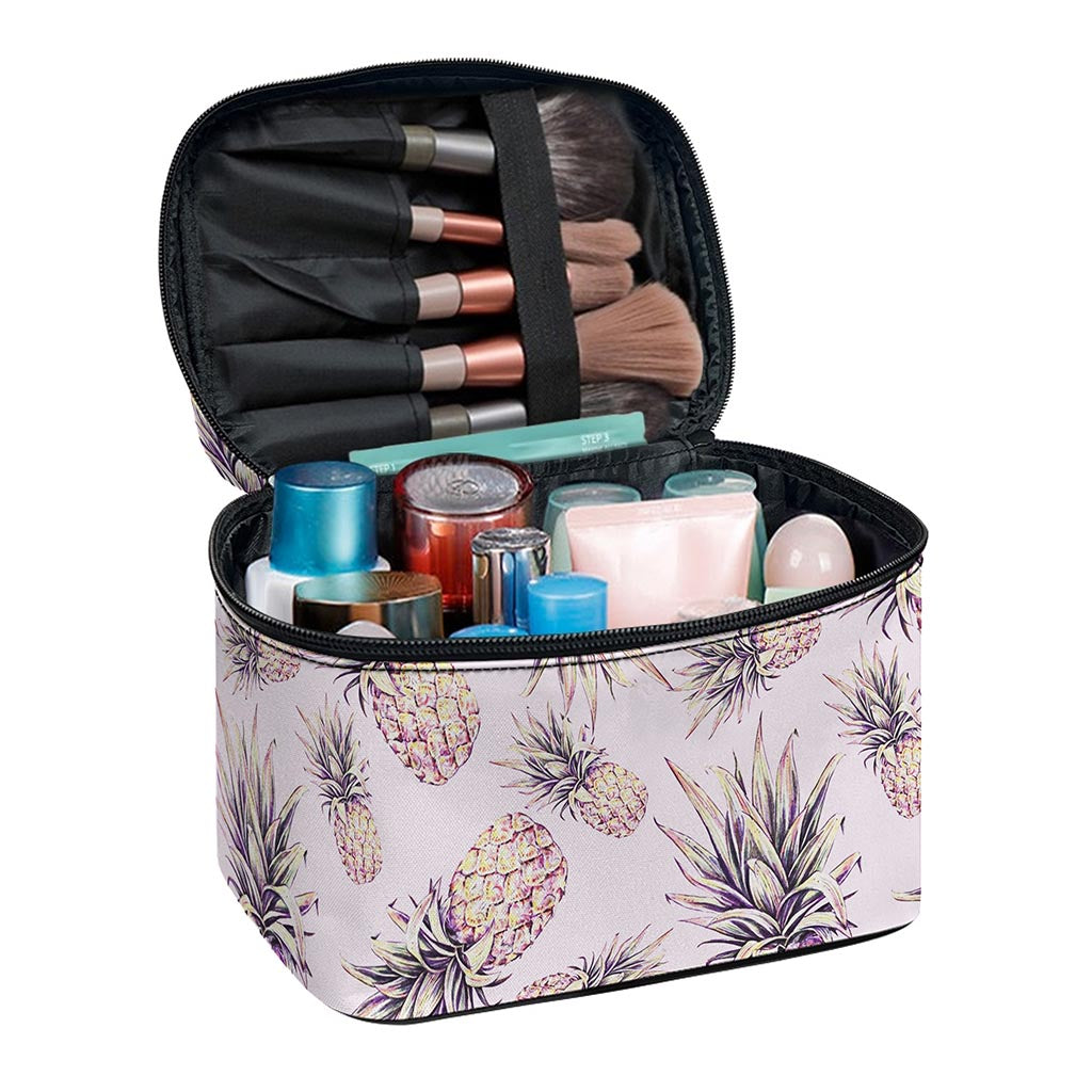 Pink Vintage Pineapple Pattern Print Travel Makeup Bag