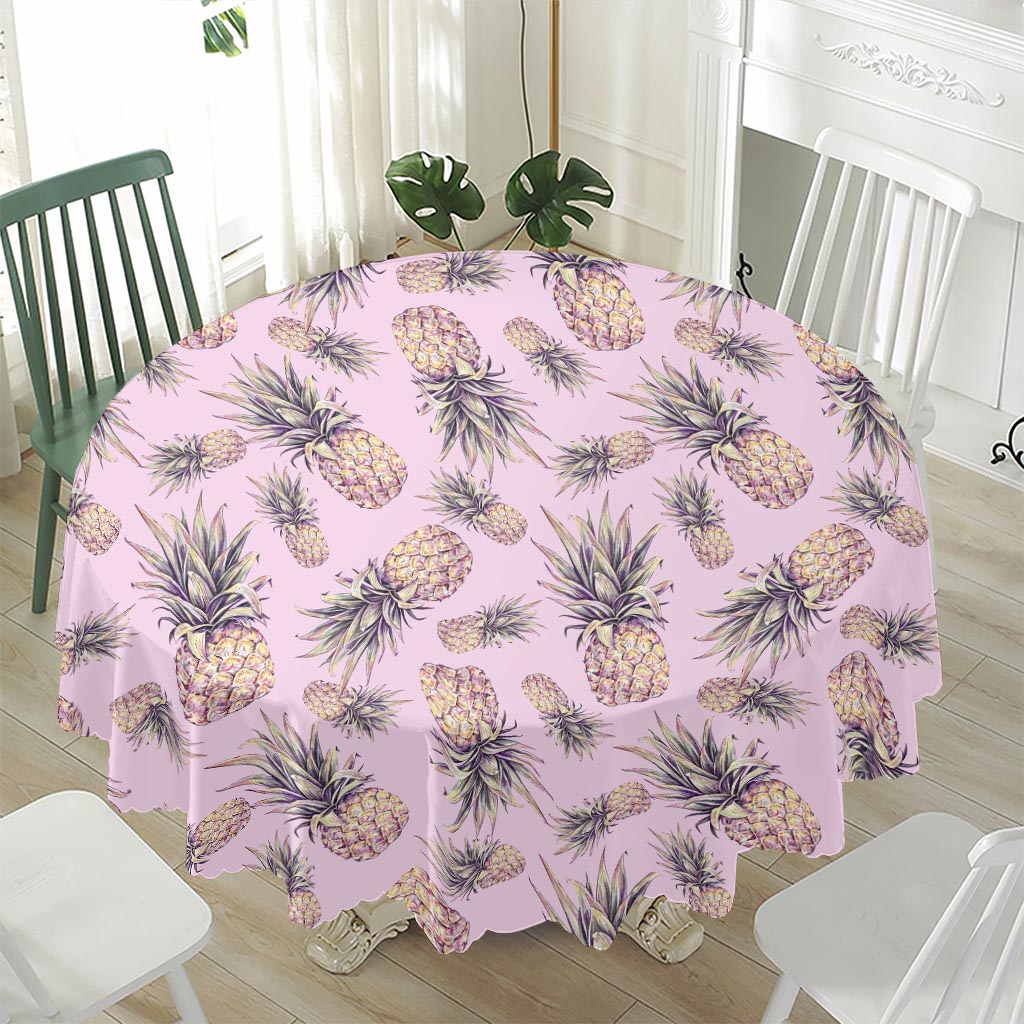 Pink Vintage Pineapple Pattern Print Waterproof Round Tablecloth