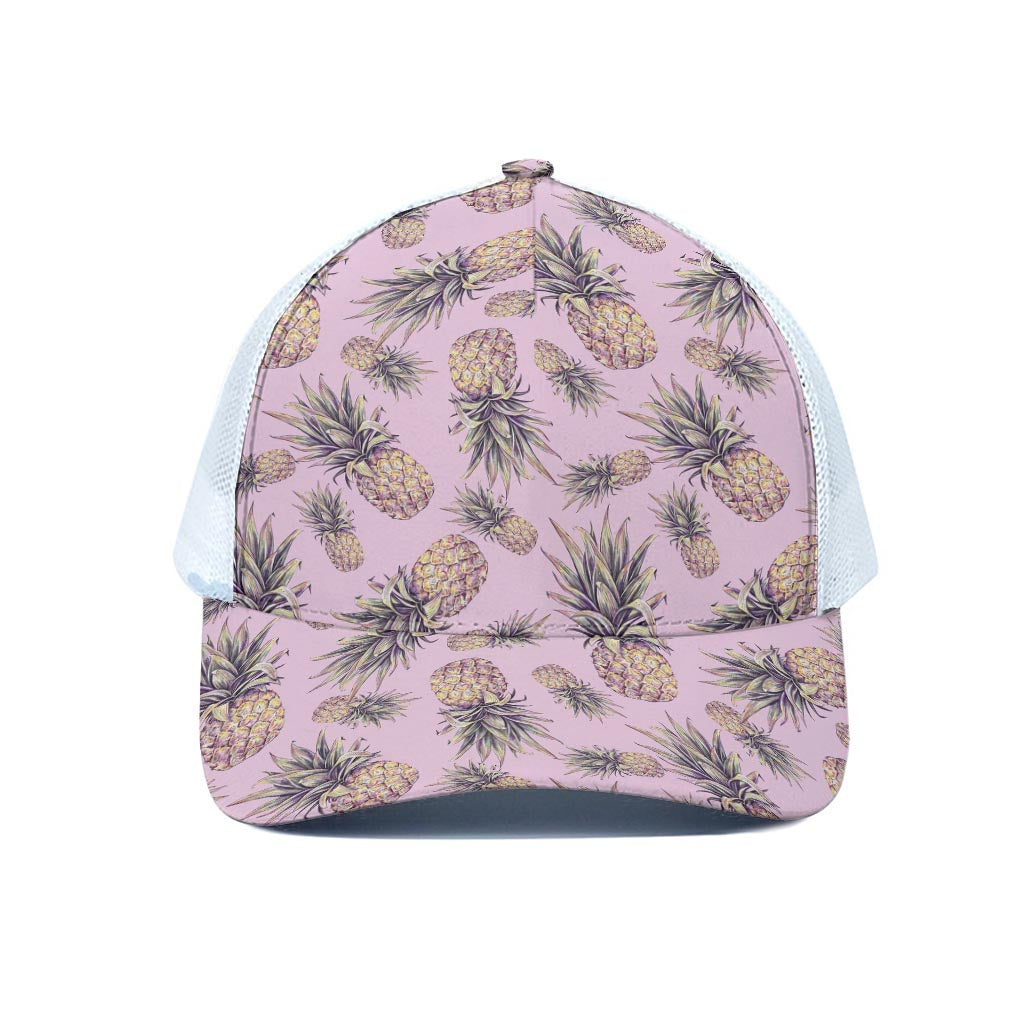 Pink Vintage Pineapple Pattern Print White Mesh Trucker Cap