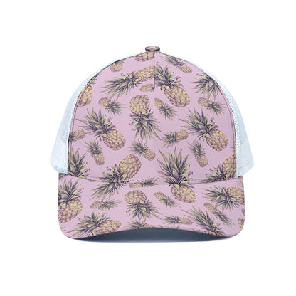 Pink Vintage Pineapple Pattern Print White Mesh Trucker Cap