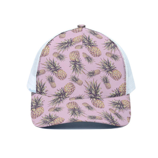Pink Vintage Pineapple Pattern Print White Mesh Trucker Cap