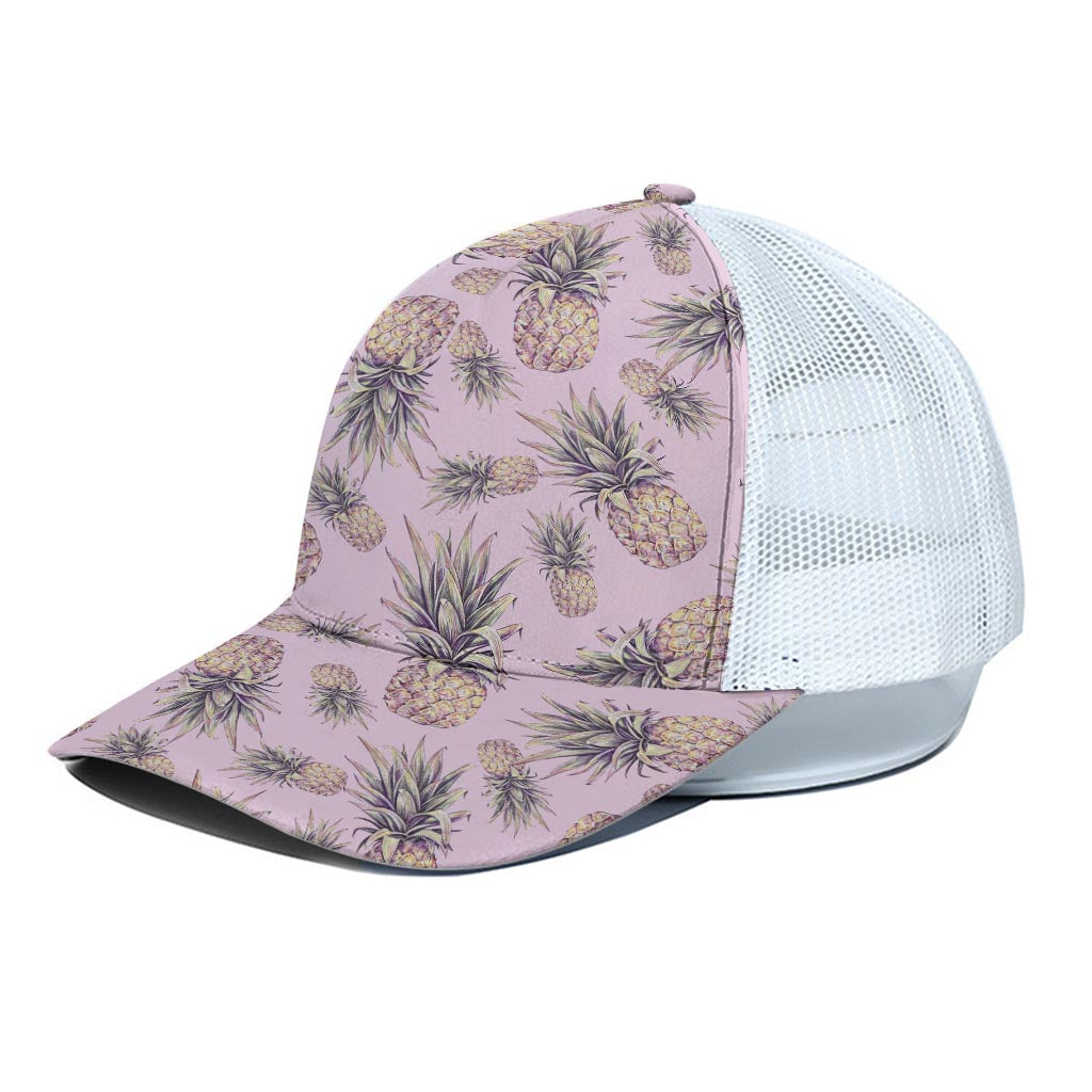 Pink Vintage Pineapple Pattern Print White Mesh Trucker Cap