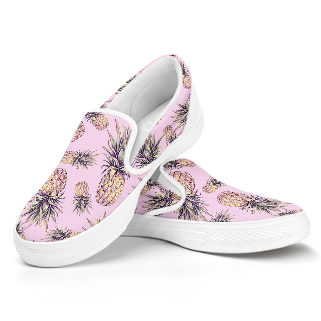 Pink Vintage Pineapple Pattern Print White Slip On Sneakers