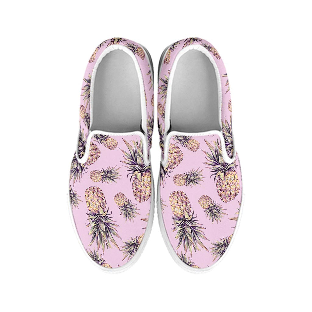 Pink Vintage Pineapple Pattern Print White Slip On Sneakers