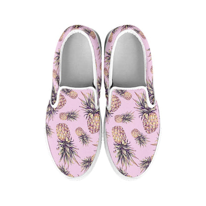 Pink Vintage Pineapple Pattern Print White Slip On Sneakers