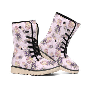 Pink Vintage Pineapple Pattern Print Winter Boots