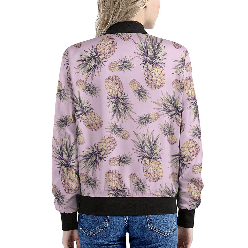 Pink Vintage Pineapple Pattern Print Women's Bomber Jacket