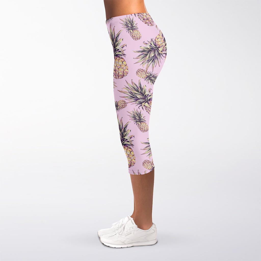 Pink Vintage Pineapple Pattern Print Women's Capri Leggings