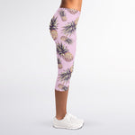 Pink Vintage Pineapple Pattern Print Women's Capri Leggings