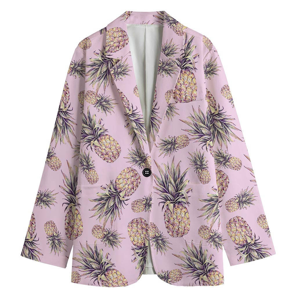 Pink Vintage Pineapple Pattern Print Women's Cotton Blazer