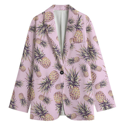 Pink Vintage Pineapple Pattern Print Women's Cotton Blazer