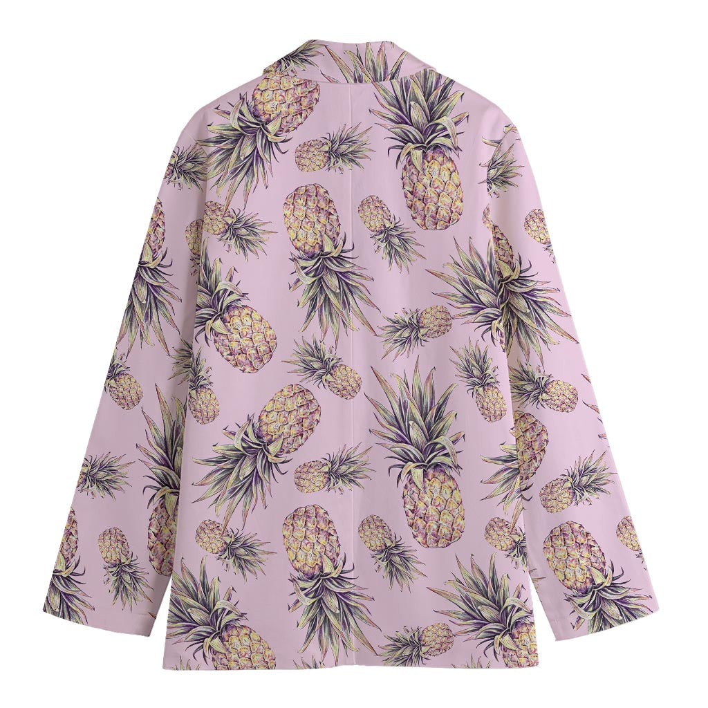 Pink Vintage Pineapple Pattern Print Women's Cotton Blazer