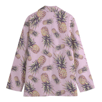 Pink Vintage Pineapple Pattern Print Women's Cotton Blazer