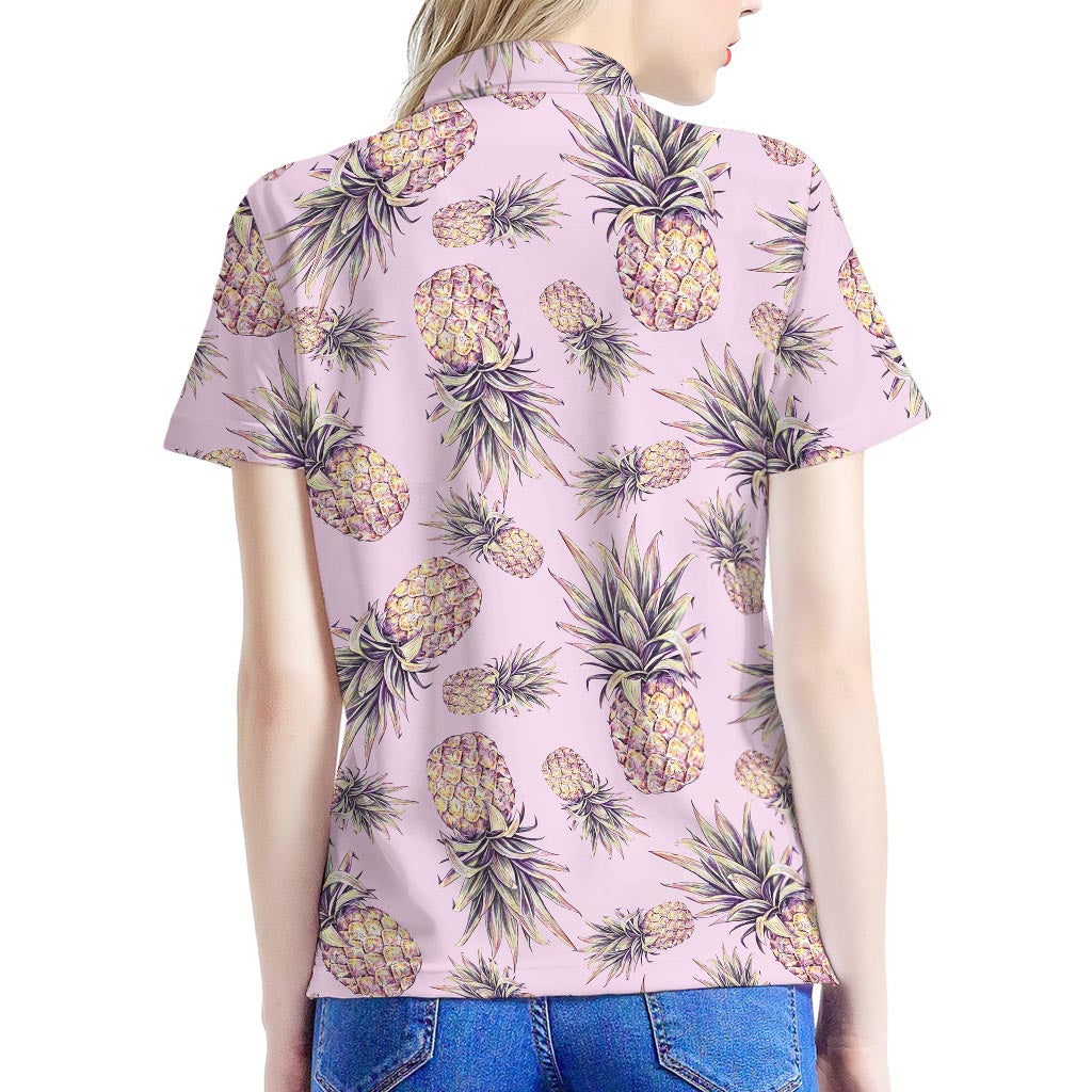 Pink Vintage Pineapple Pattern Print Women's Polo Shirt
