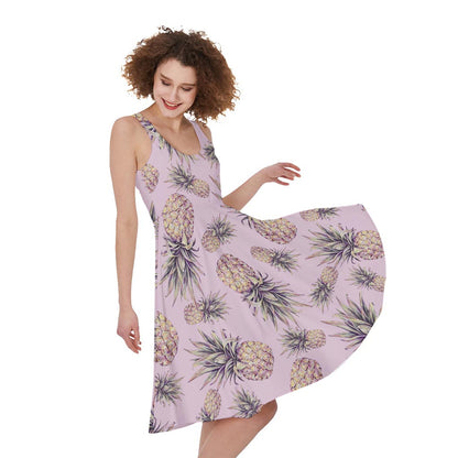 Pink Vintage Pineapple Pattern Print Women's Sleeveless Dress