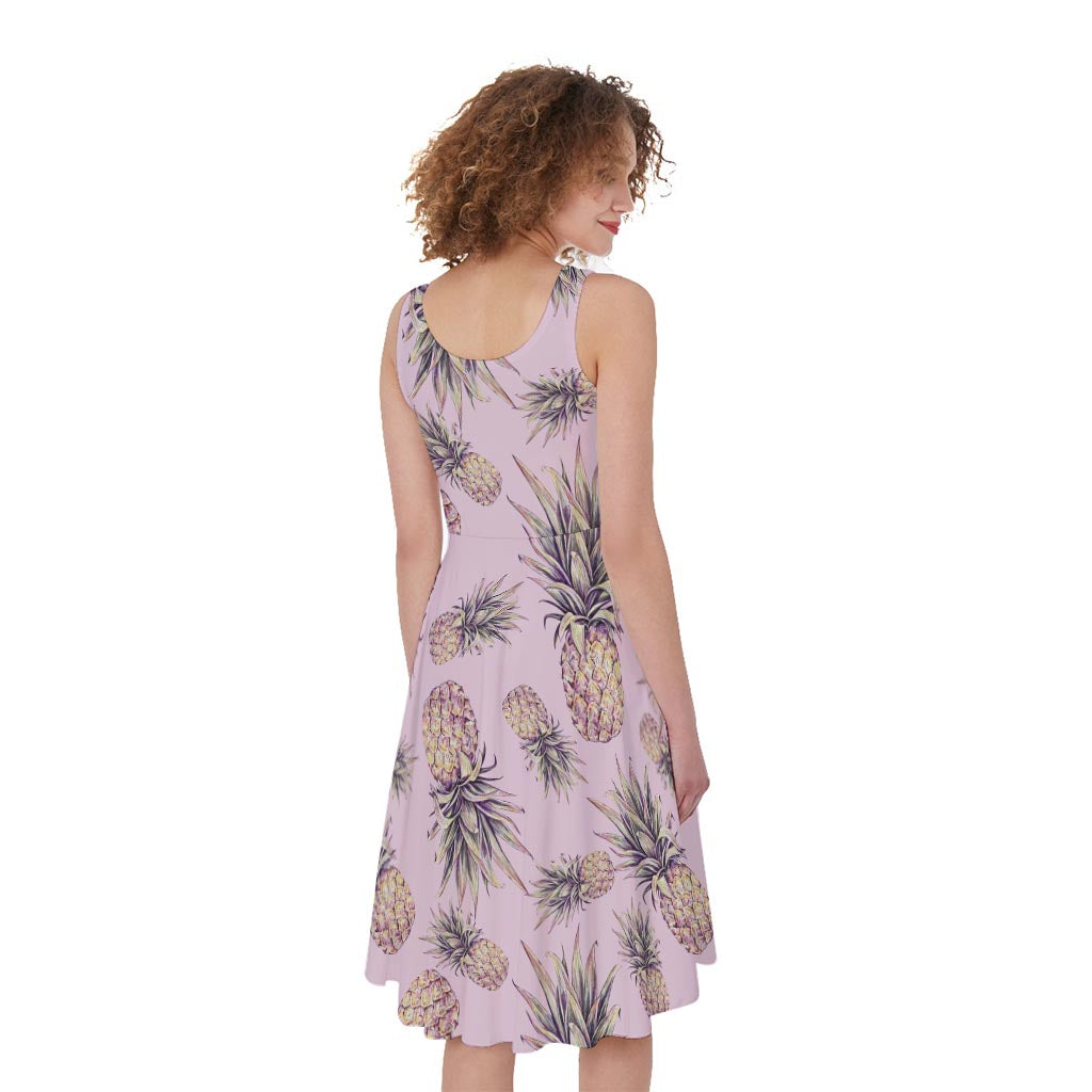 Pink Vintage Pineapple Pattern Print Women's Sleeveless Dress