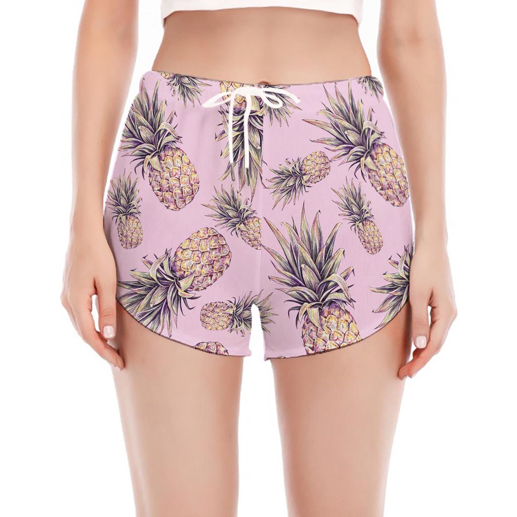 Pink Vintage Pineapple Pattern Print Women's Split Running Shorts