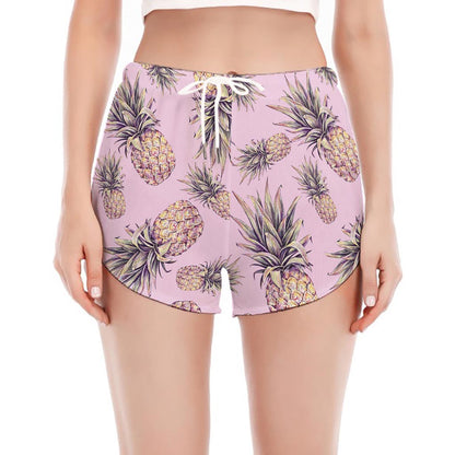 Pink Vintage Pineapple Pattern Print Women's Split Running Shorts