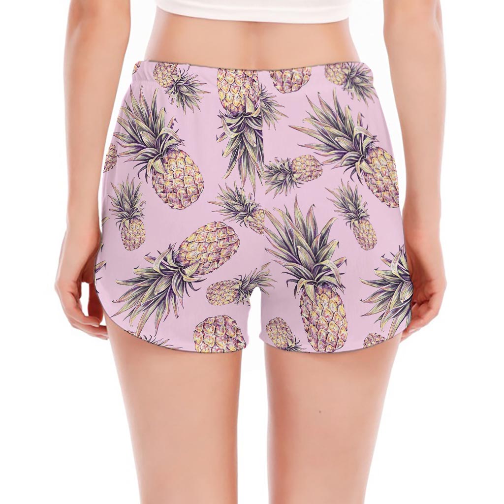 Pink Vintage Pineapple Pattern Print Women's Split Running Shorts