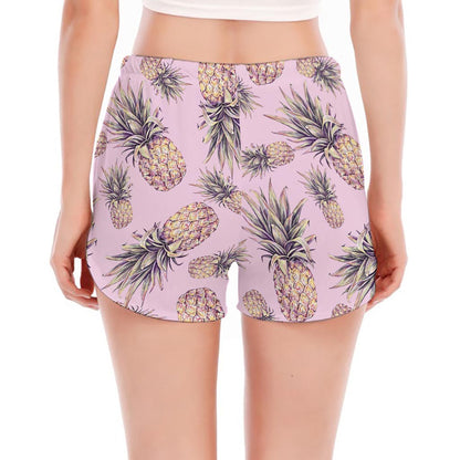 Pink Vintage Pineapple Pattern Print Women's Split Running Shorts