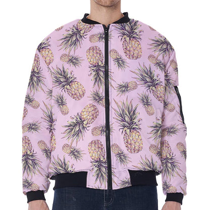 Pink Vintage Pineapple Pattern Print Zip Sleeve Bomber Jacket