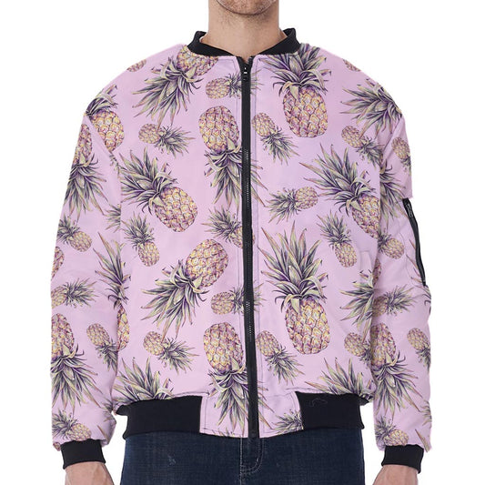 Pink Vintage Pineapple Pattern Print Zip Sleeve Bomber Jacket