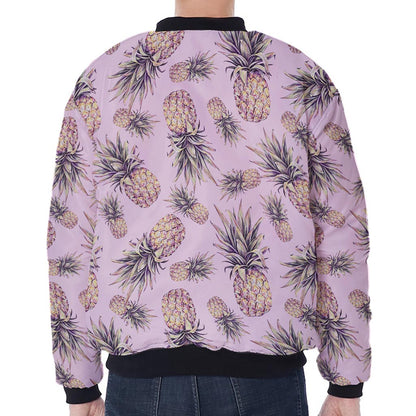 Pink Vintage Pineapple Pattern Print Zip Sleeve Bomber Jacket
