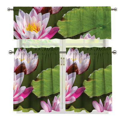 Pink Water Lilies Print 3 Piece Kitchen Curtains