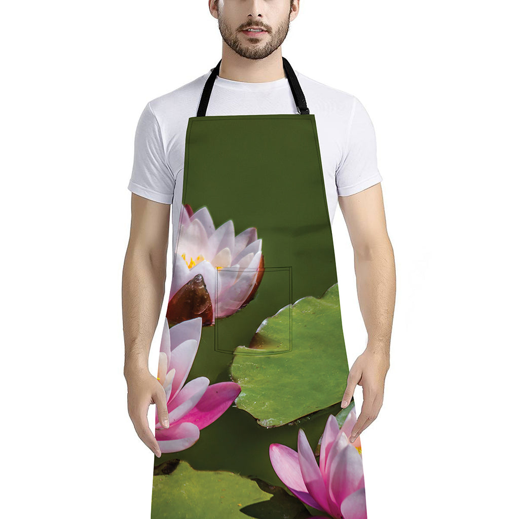 Pink Water Lilies Print Bib Apron With Pocket