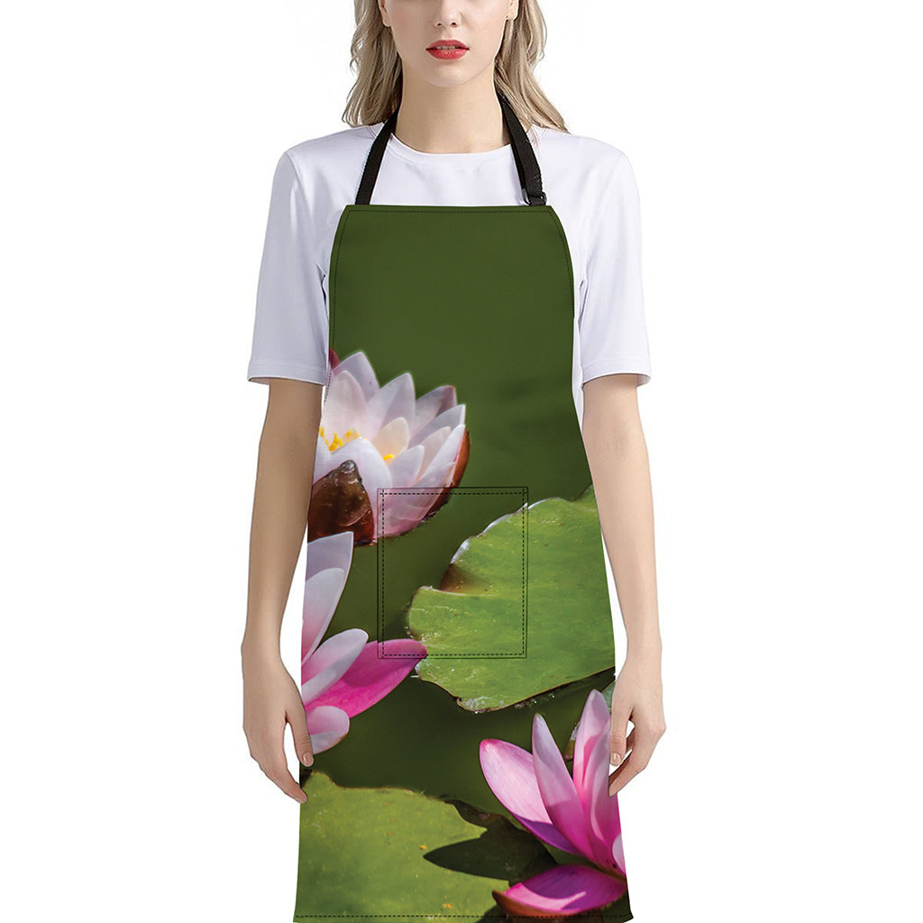 Pink Water Lilies Print Bib Apron With Pocket