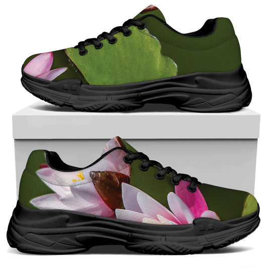 Pink Water Lilies Print Black Chunky Shoes