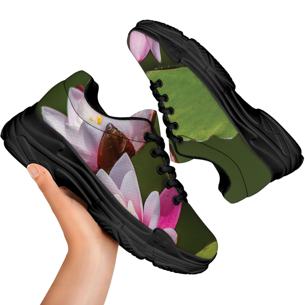 Pink Water Lilies Print Black Chunky Shoes